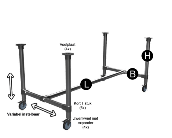 Zwarte steigerbuis onderstel tafel uit buis Ø 33,7 mm zwenkwielen Ø 75 mm